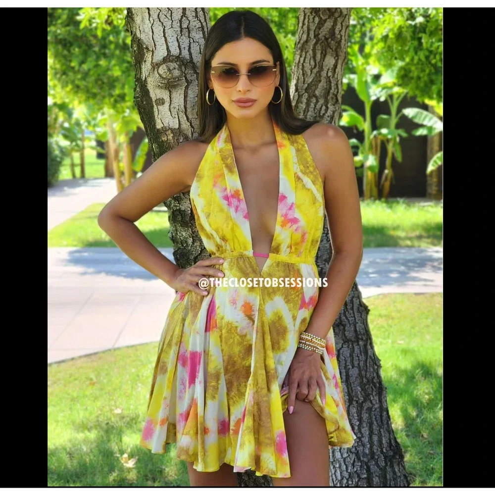 ZARA Yellow Floral Halter Mini Dress Open Back Resort Vacation Sundress NWT